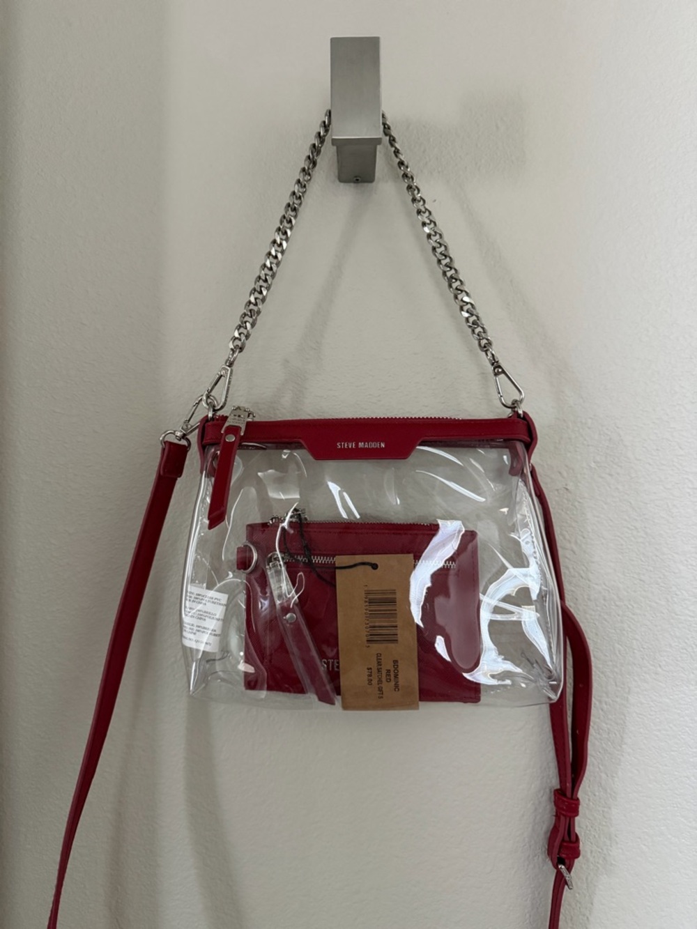 Steve Madden Clear Crossbody Bag with Red Trim and interchangeable straps